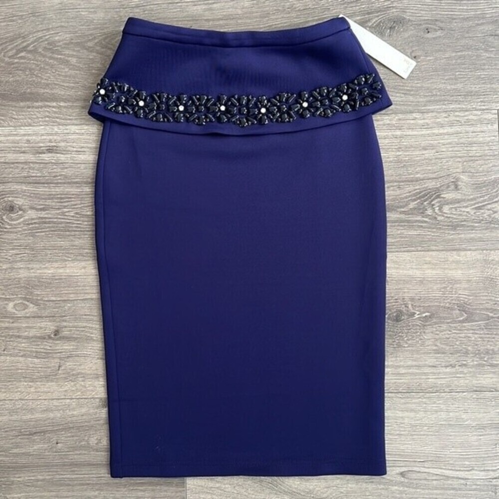 NWT Line & Dot Peplum Pencil Skirt Sz. XS Detachable Embellished Deep Blue Party